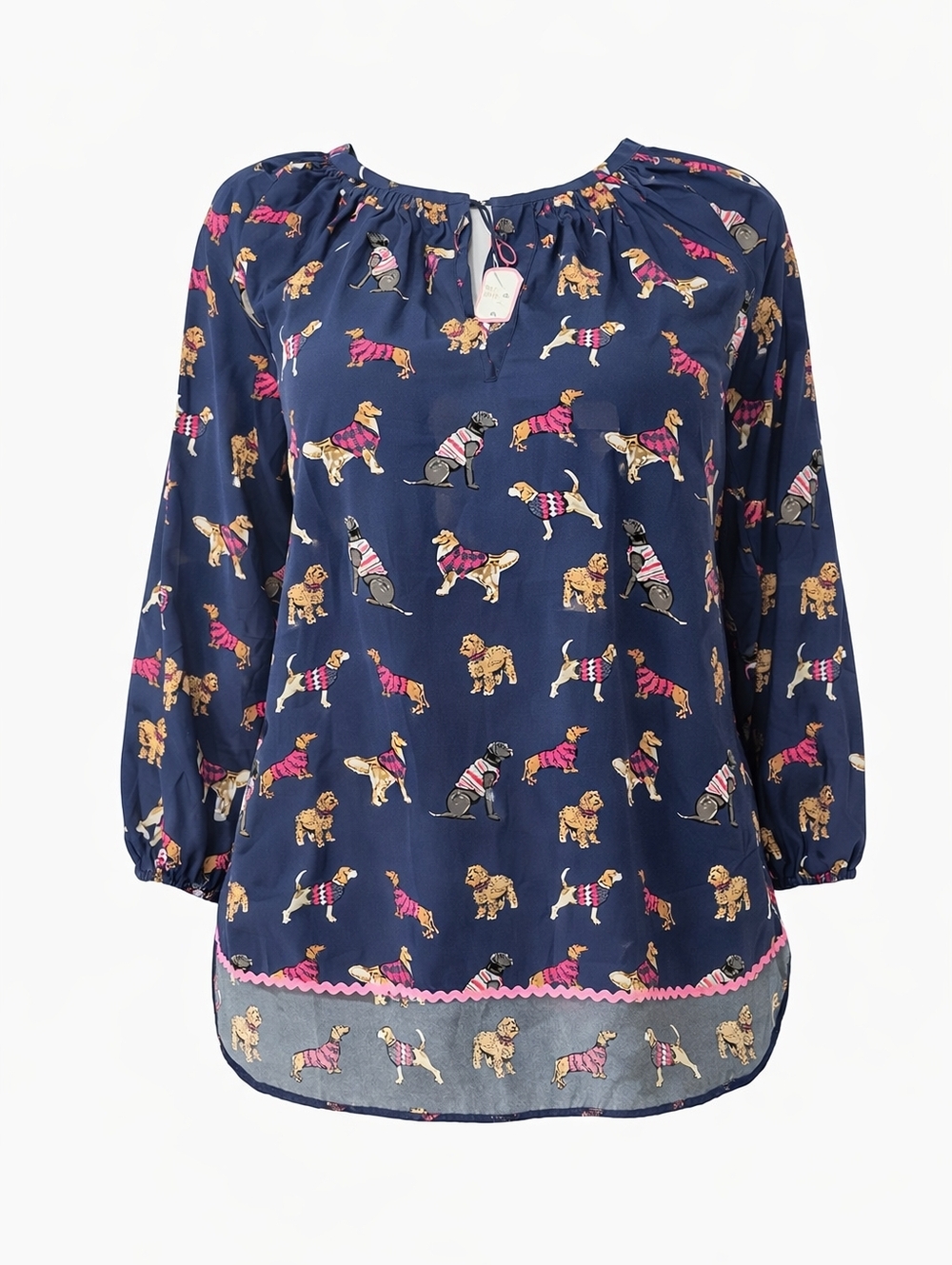 NWT Simply Southern Navy Cute Dog Print Top with Pink Trim Slight Hi Low Hem. XL